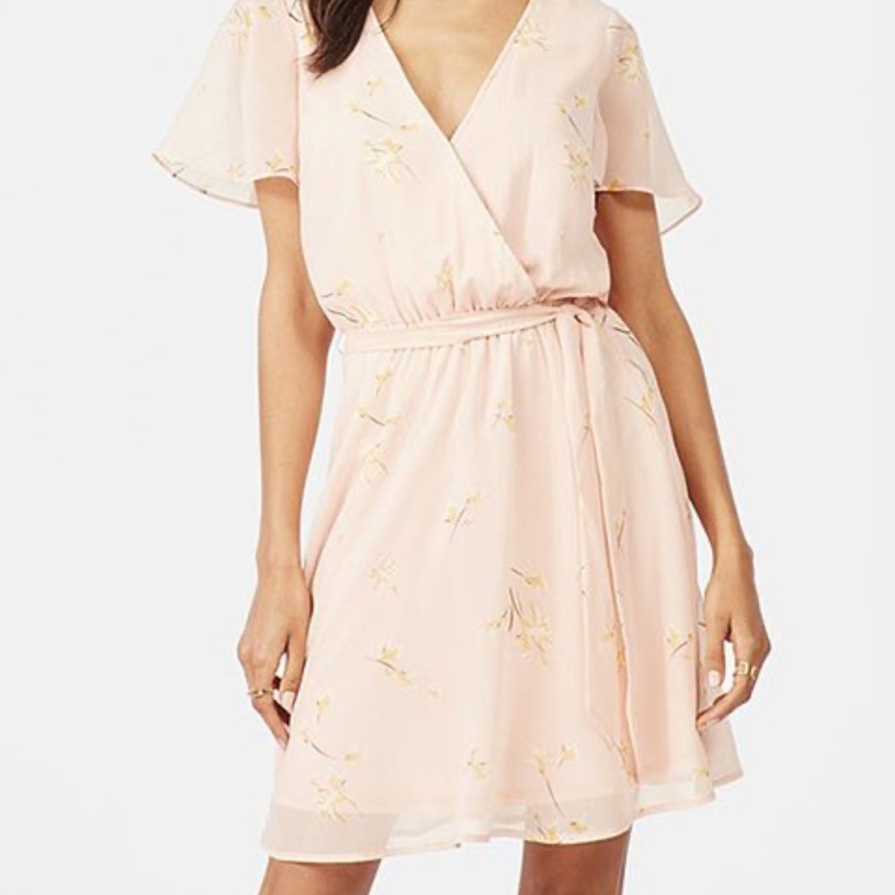 Peach Chiffon Blouson Wrap Dress